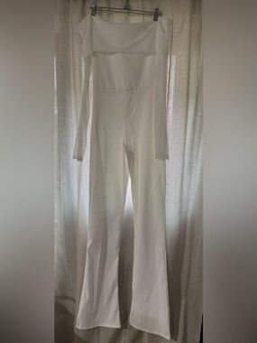 Off-Shoulder White Jumpsuit with Sheer Detail Size 8